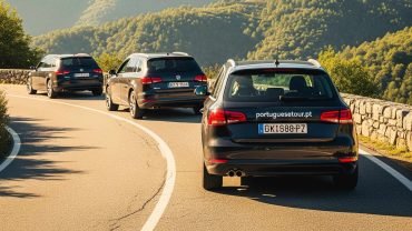 Three cars driving through scenic European countryside representing a self-drive Europe tour from Portugal to Finland and return.